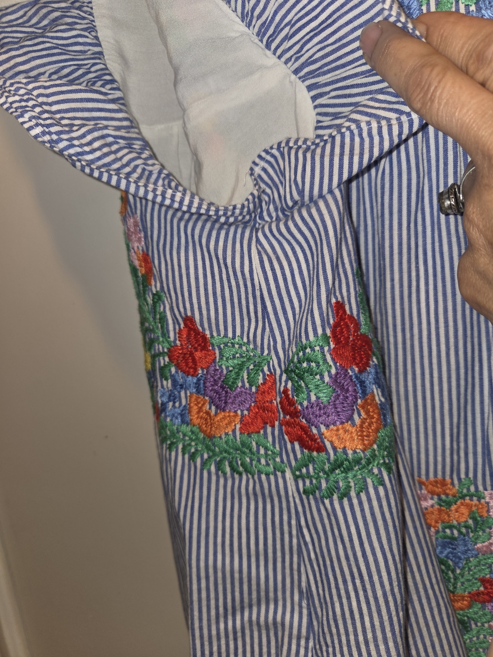 Blue Pinstripe Casual Midi Dress with Multicolor Floral Smocking - Picture 7 of 13